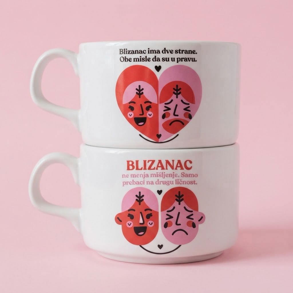 Dve bele šolje sa ilustracijom srca i lica, natpisi o znaku Blizanci